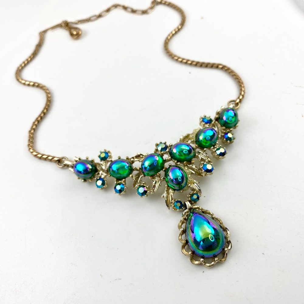Vintage Coro Peacock Green Polychrome Cabochon Necklace Rhinestone Statement. - Picture 2 of 8